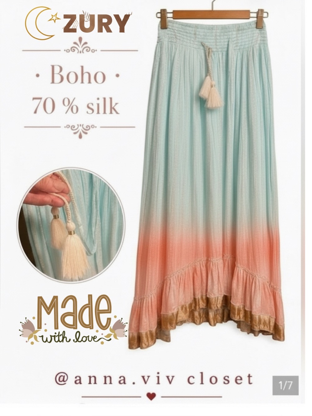 70% SILK ! Boho midi to Maxi Skirt 
in Mint and Pink